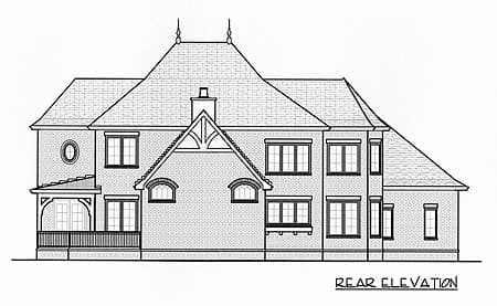 Rear elevation drawing of a multi-story house with a prominent gabled dormer, rounded window, and covered porch.