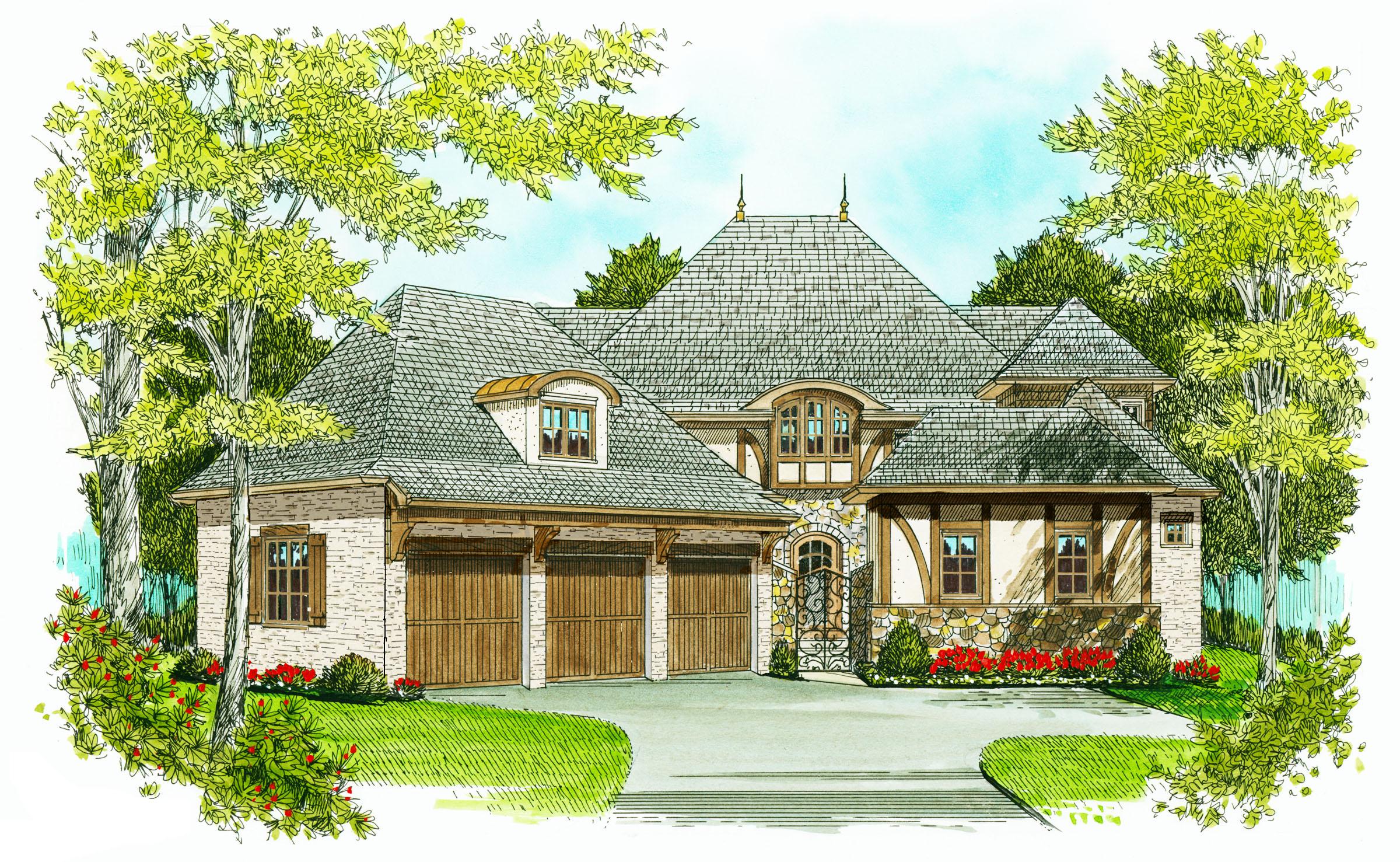 House plan exterior: French Country style, two stories, large dormer, stone and timber accents, three-car garage.