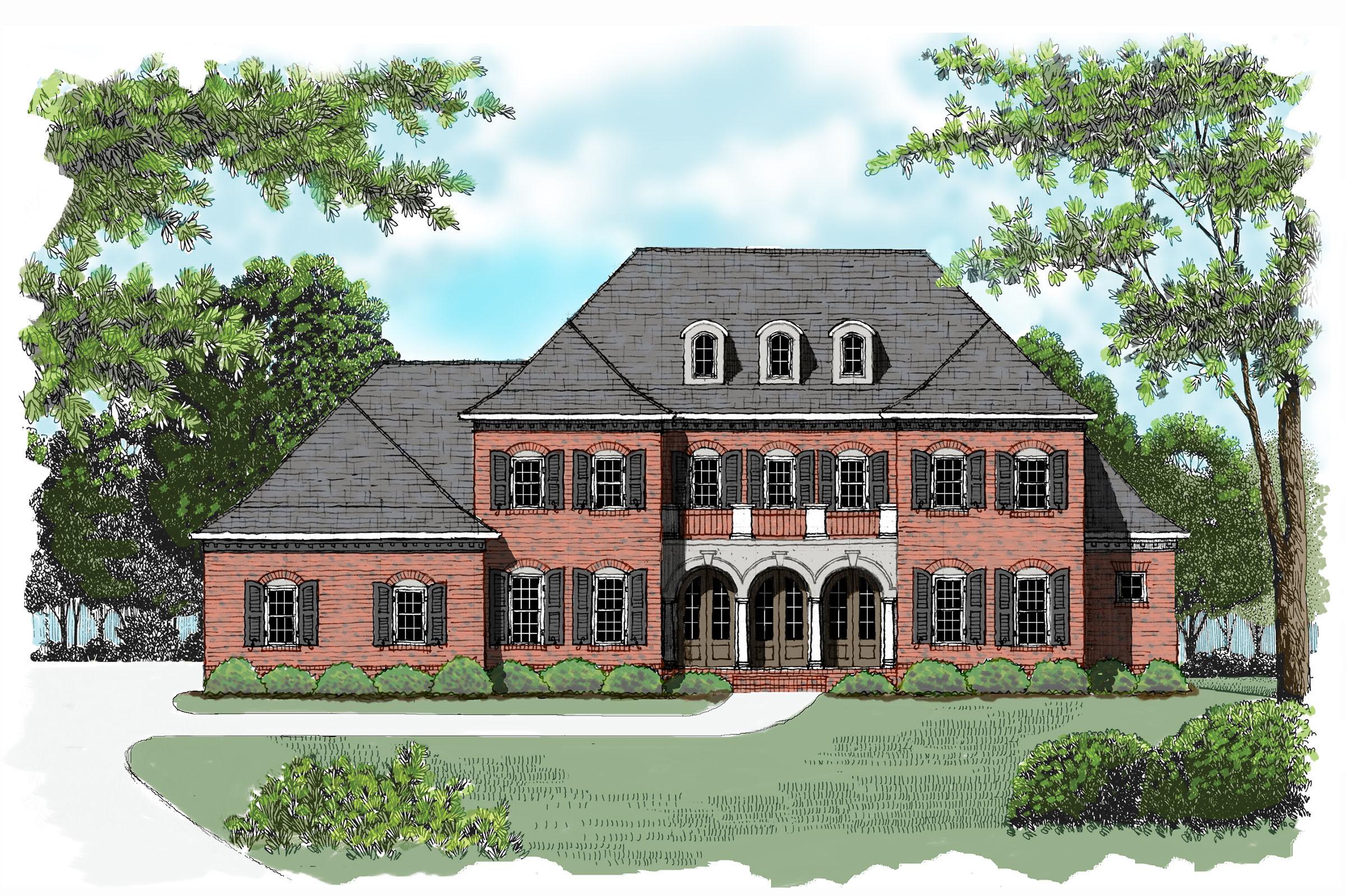 House plan exterior of a two-story brick residence with dormer windows, arched entryway, and shutters.