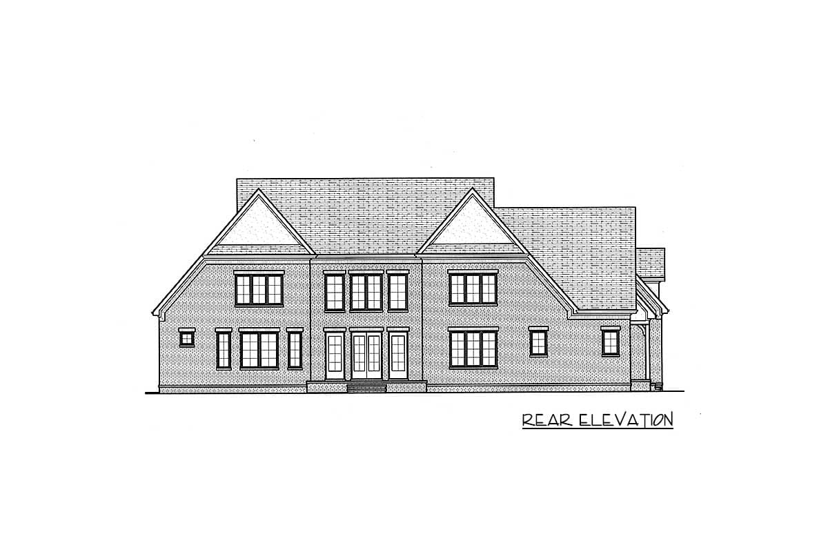 Rear elevation drawing of a two-story house with brick facade, multiple gables, and a central double door entrance.