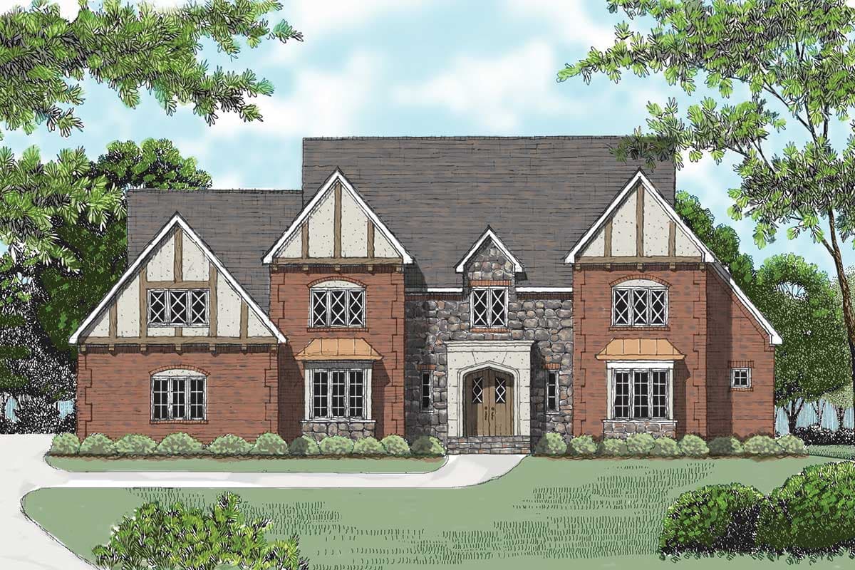 House plan exterior showing a Tudor-style home with brick and stone facade, multiple gables, dormers, and a prominent entry.