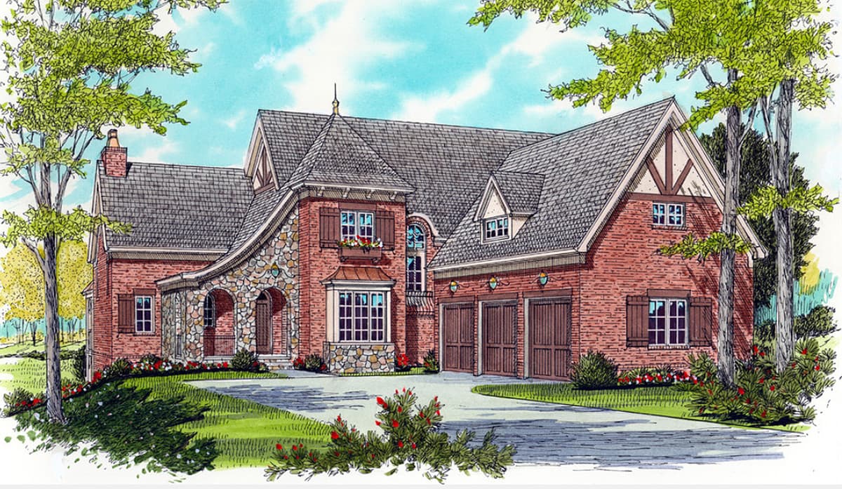 House plan exterior with brick and stone facade, arched entry, multiple gables, and a three-car garage.