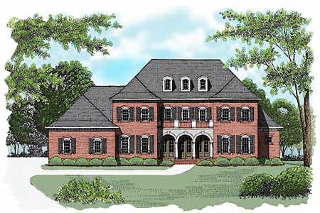 House plan exterior: Two-story brick home with central arched entryway, second-story balcony, and dormer windows.