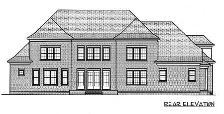 Rear elevation drawing of a multi-story house with a brick facade, multiple gables, and a prominent hip roof.