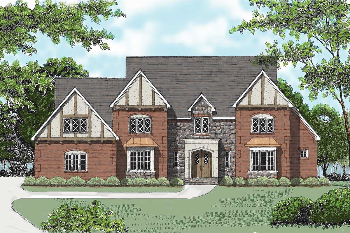 House plan exterior: Brick Tudor style with stone accents, multiple gables, prominent entry, and bay windows.