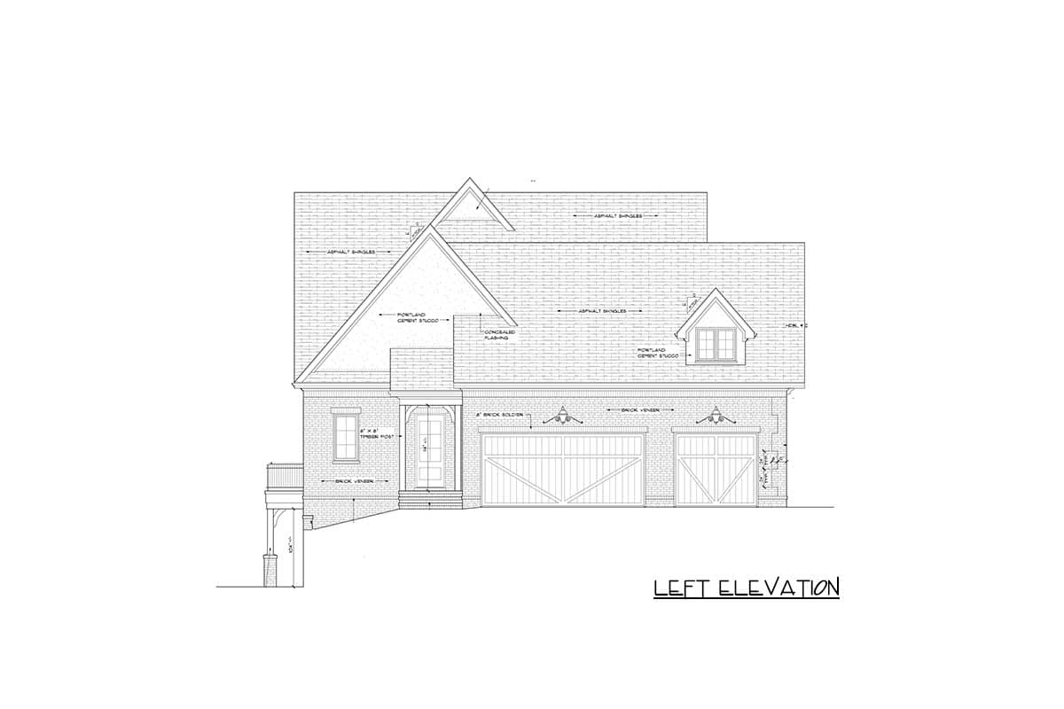 Left elevation house plan drawing showing brick veneer, stucco, gabled dormer, covered entry, and two garage doors.