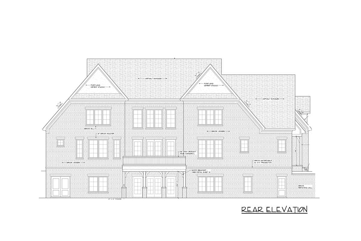Rear elevation house plan drawing showing brick veneer, stucco gables, multiple windows, and a covered porch with double doors.