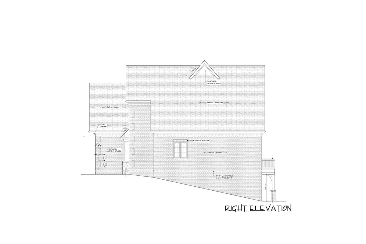 Right elevation drawing of a two-story house with asphalt shingles, brick veneer, and a covered porch.