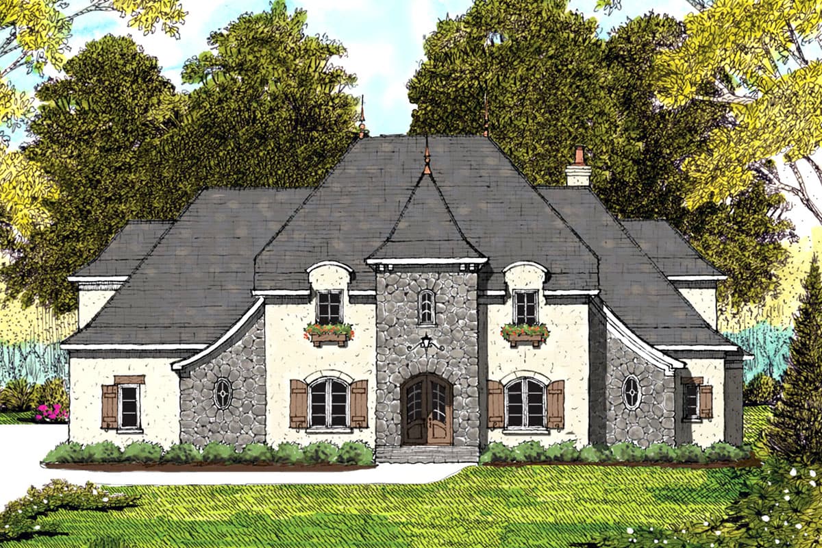 House plan exterior: French Country style, two stories, stone facade, prominent gables, dormers, and arched entryway.