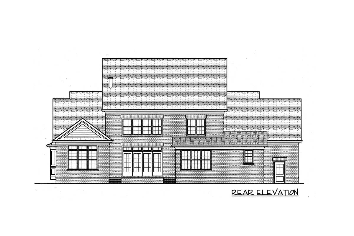 Rear elevation drawing of a two-story house plan with brick exterior, multiple gables, and a variety of window styles.