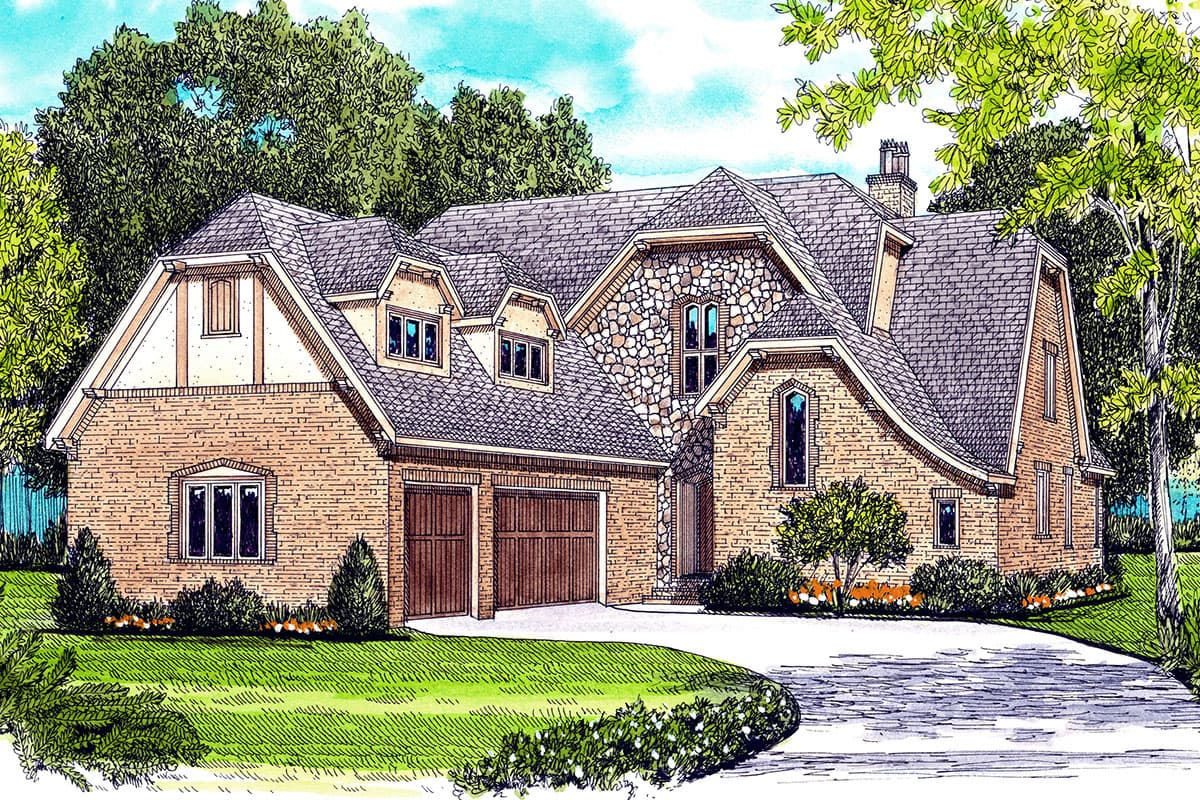 House plan exterior showing a two-story home with brick and stone facade, prominent gables, dormers, and a three-car garage.