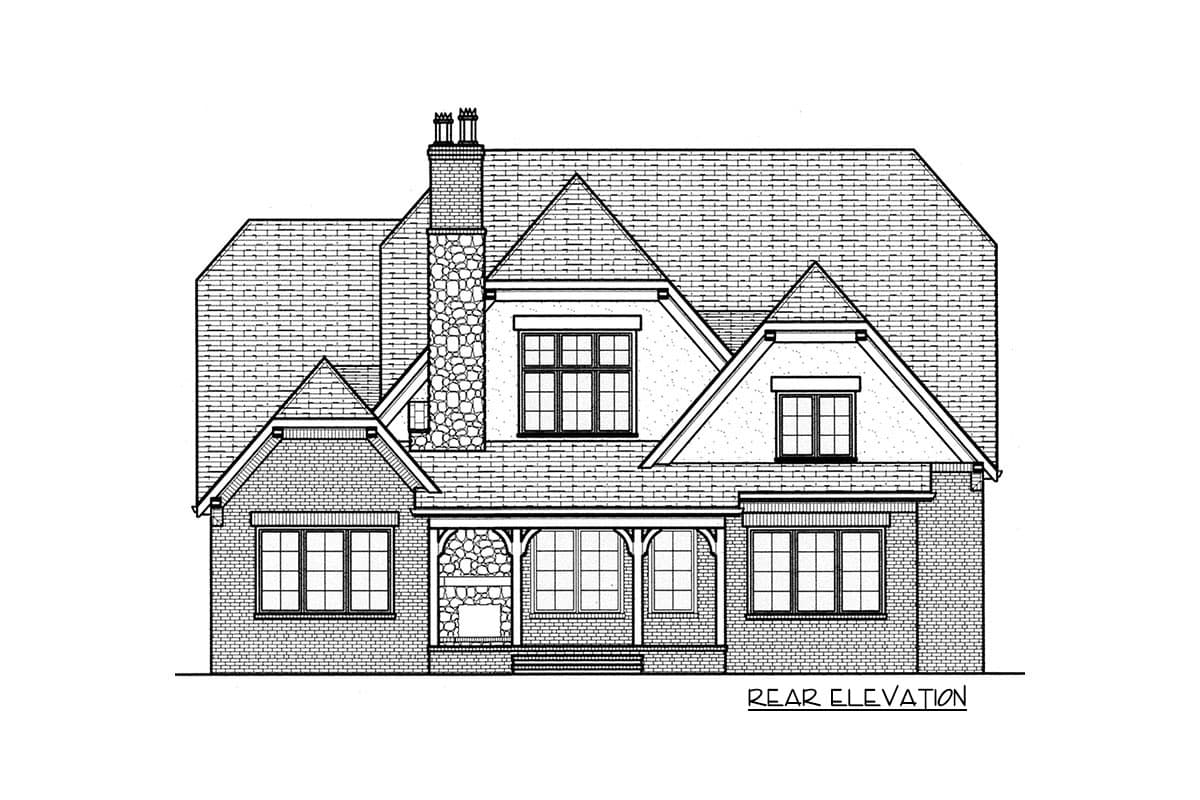 Rear elevation drawing of a house plan with stone chimney, covered porch with stone accents, and multiple gables.
