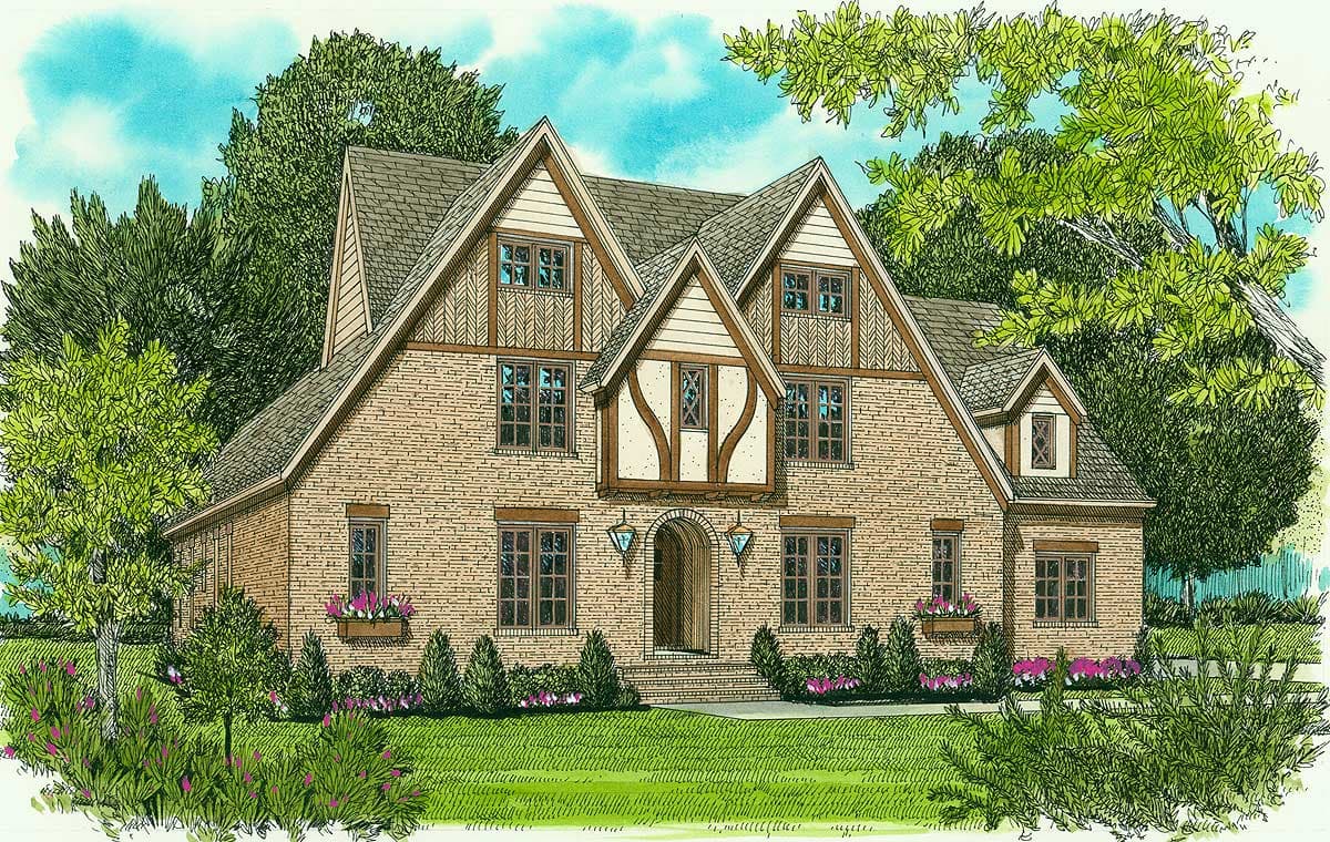 House plan exterior with brick facade, multiple gables, dormers, and a prominent arched entryway.
