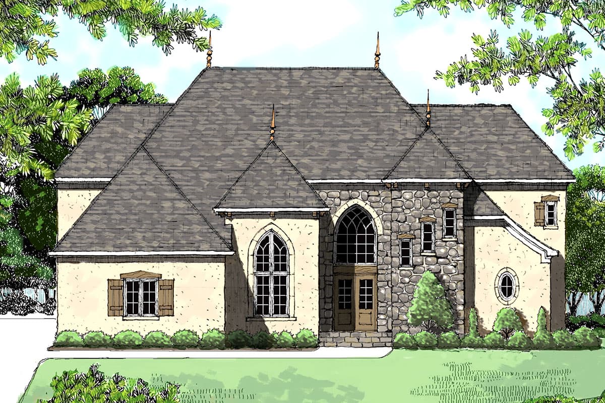 House plan exterior: Two-story home with stone facade, arched windows, steeply pitched roof with dormers, and decorative finials.