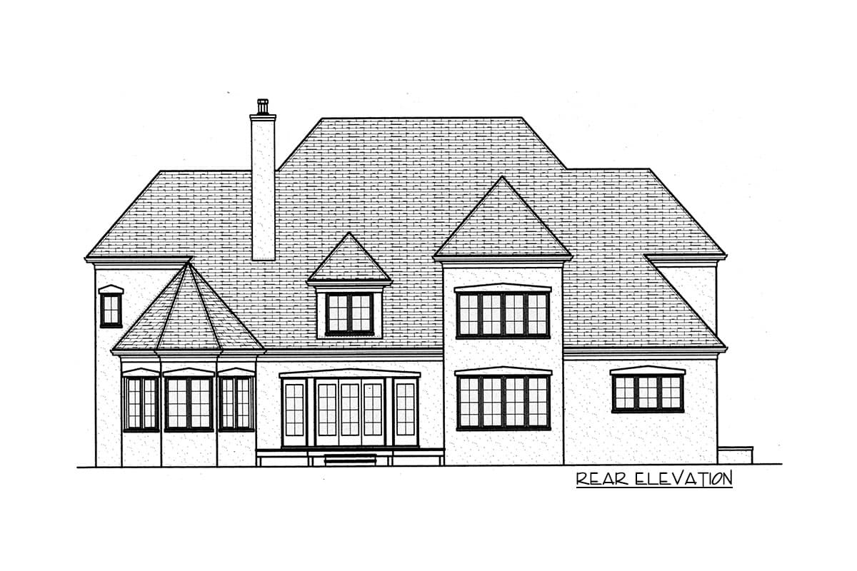 Rear elevation drawing of a two-story house plan with a prominent chimney, multiple gables, and a French door entry.