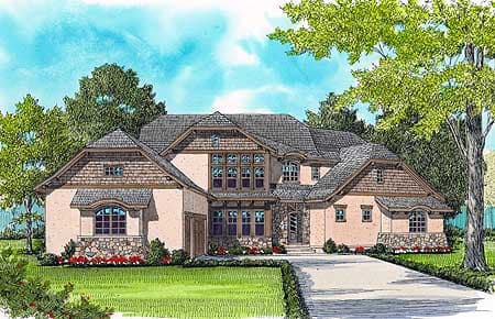 House plan exterior of a two-story home with multiple gables, stone accents, and a covered entry.