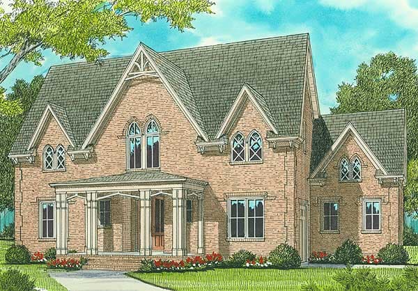 House plan exterior: brick two-story with a covered porch, steep gables, and decorative Gothic windows.