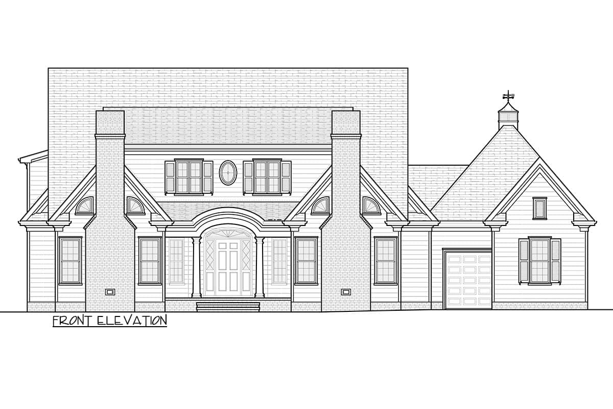 Front elevation drawing of a two-story house plan with arched entryway, brick chimneys, gables, and a side-entry garage.
