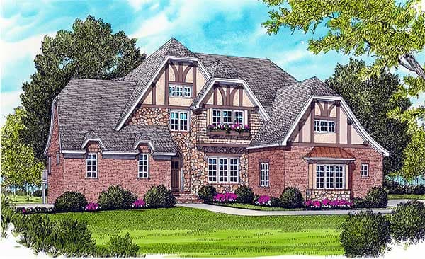 House plan exterior for a two-story Tudor-style home with stone accents, prominent gables, and multiple dormers.