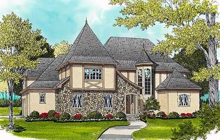 House plan exterior: French Country style, two stories, stone facade, steeply pitched roof with dormers and a turret.