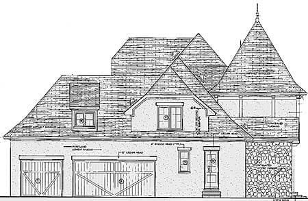 House plan exterior drawing with two garage bays, multiple gables, dormers, and a conical turret.