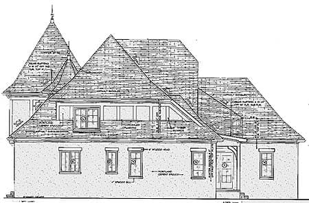 House plan side elevation drawing showing a prominent turret, multiple gables, and various window types.