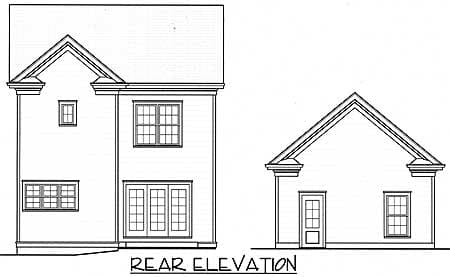Rear elevation drawing of a house plan featuring double French doors, multiple windows, and gabled roofs.