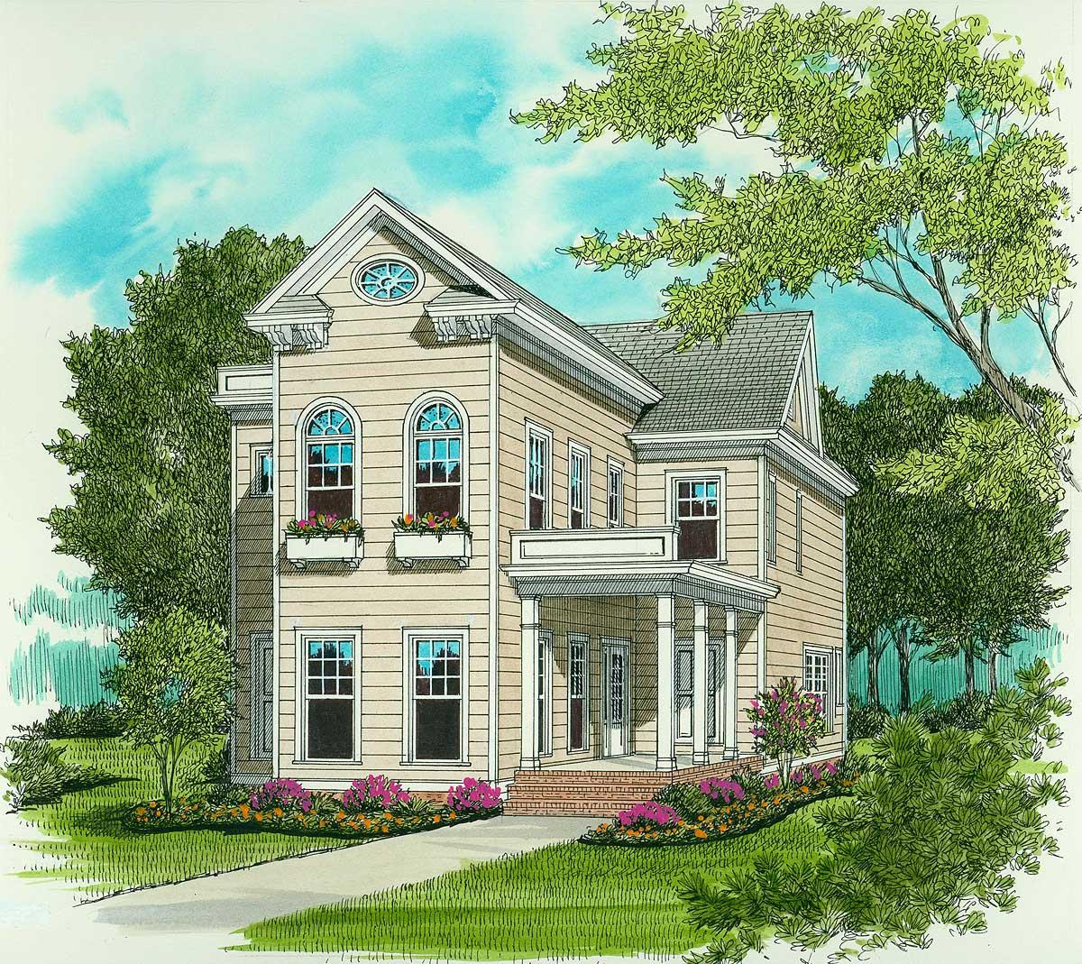 House plan exterior: Two-story home with gabled roof, arched windows, front porch with columns, and a prominent central gable.