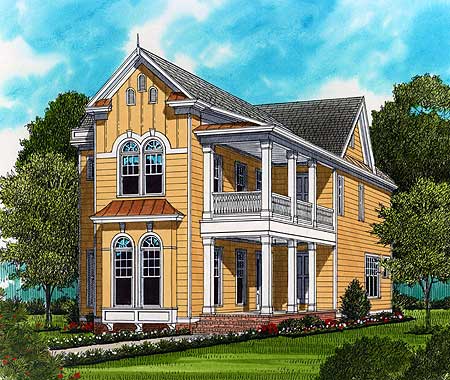 House plan exterior: two-story home with a wrap-around porch, gables, and arched windows.
