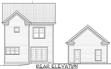 Rear elevation drawing of a two-story house with gabled roof, multiple windows, and double doors.