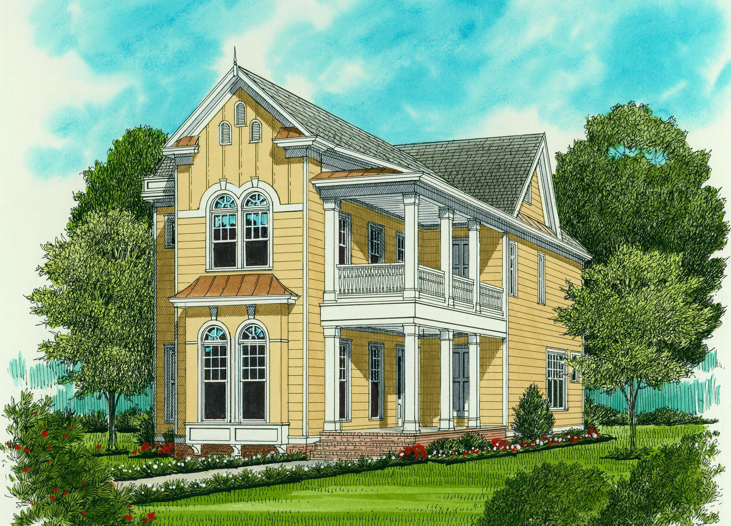 House plan exterior: Two-story home with double-tiered porch, arched windows, gables, and decorative gable vents.