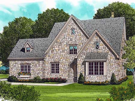 House plan exterior: Two-story stone house with multiple gables, dormer, and arched entryway.