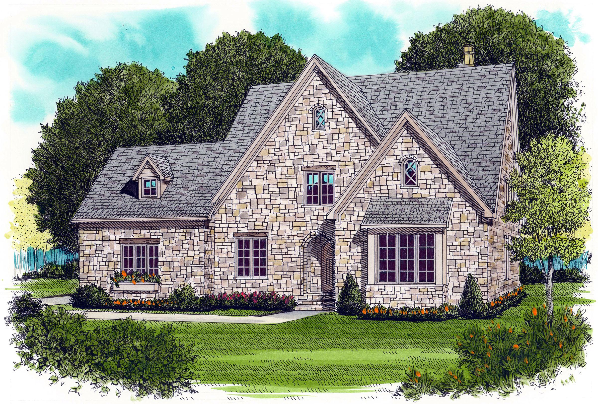 House plan exterior, stone-clad two-story home with multiple gables, arched entry, and dormer windows.