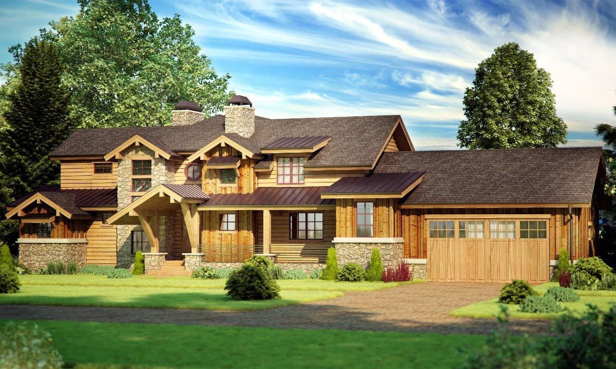 Rustic two-story house plan exterior with stone accents, prominent gables, wood siding, and a two-car garage.