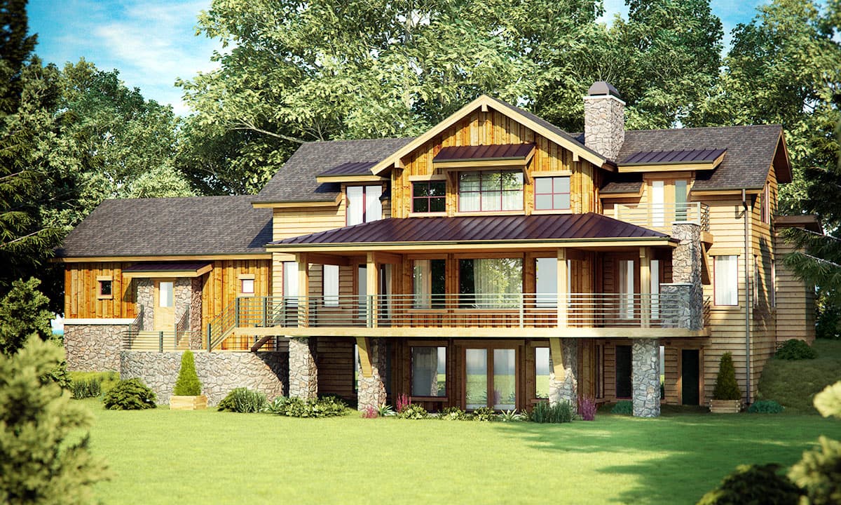 House plan exterior: A multi-story home with wood siding, stone accents, a prominent stone chimney, and a wraparound deck.