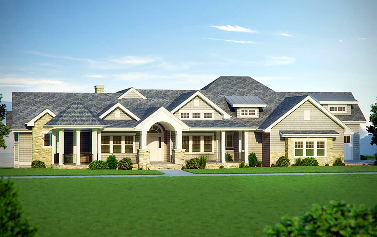 House plan exterior: Traditional style home with a wraparound porch, multiple gables, dormers, and stone accents.