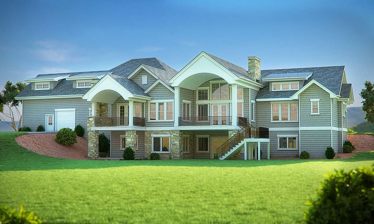 House plan exterior: Two-story home with multiple gables, dormers, arched porch entrances, stone accents, and an attached garage.