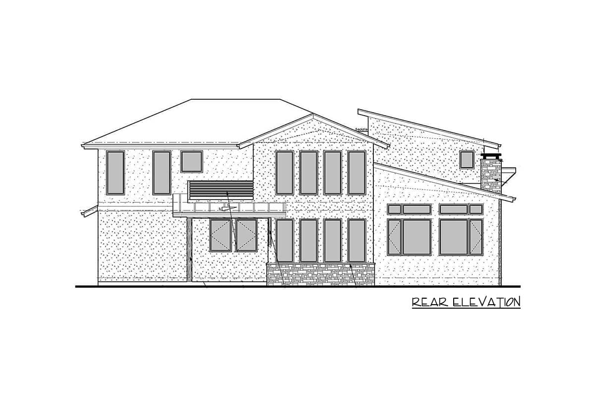 Rear elevation drawing of a two-story house with a deck, multiple windows, and a stone base.