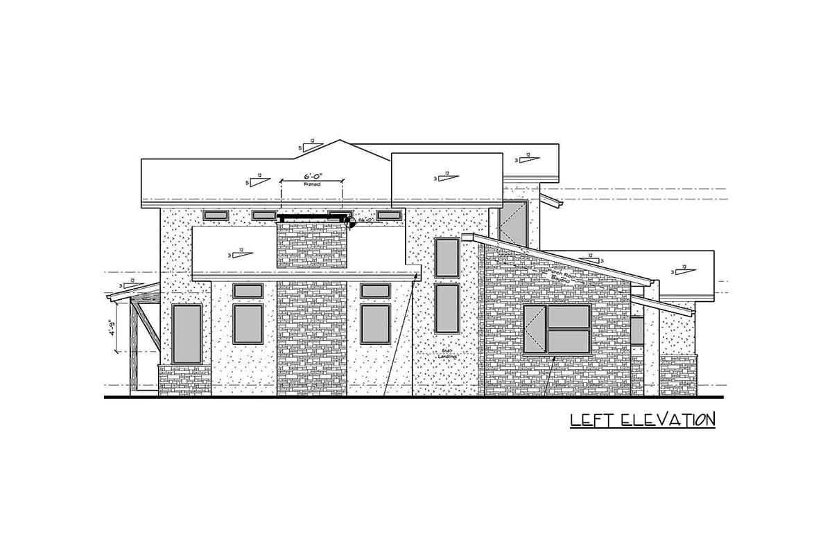 Left elevation drawing of a house plan showing stone and stucco facade, multiple gables, and varied window sizes.