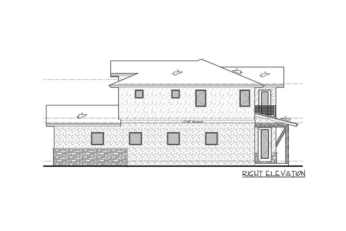 Right elevation drawing of a two-story house plan with stucco siding, stone base, gabled roof, and covered entryway.