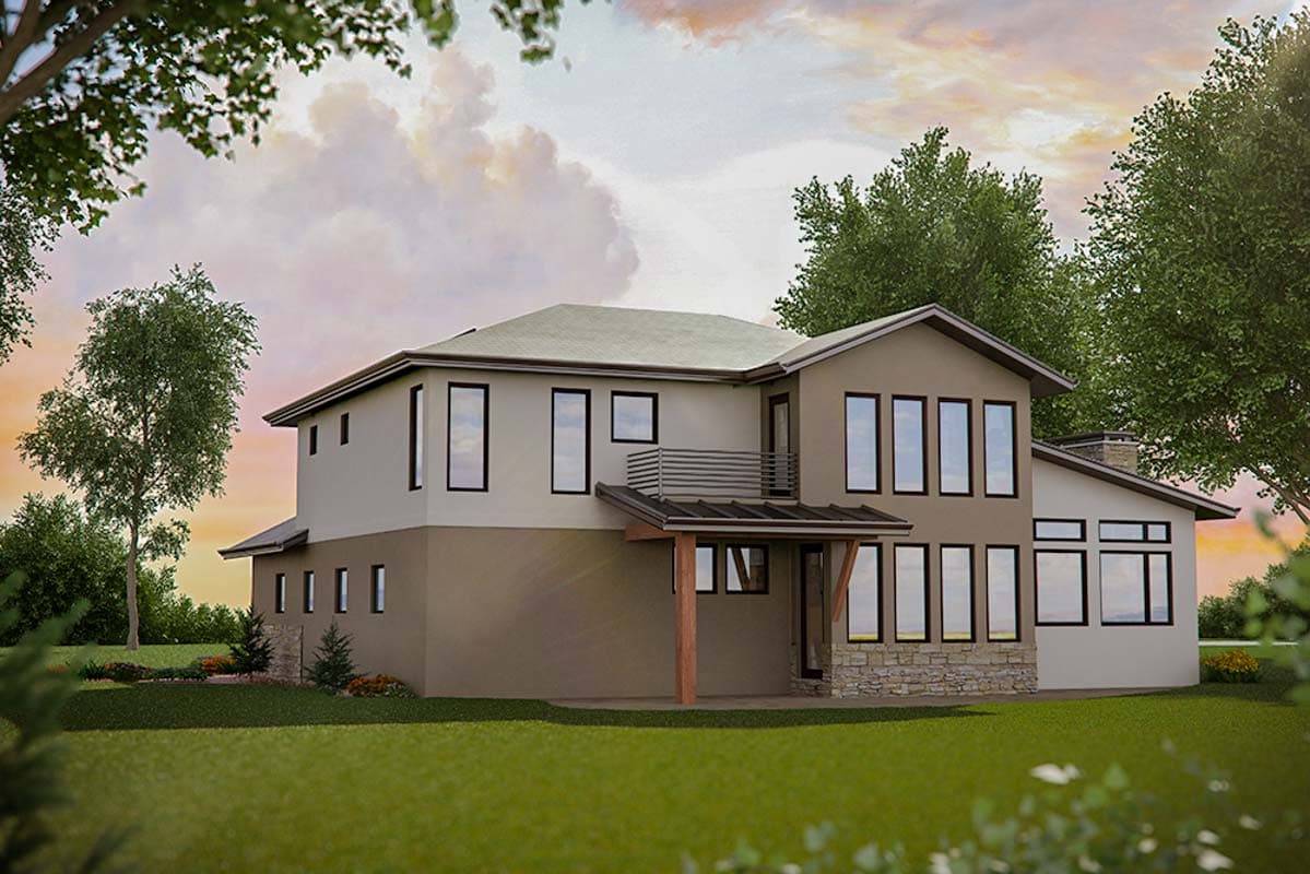 Modern house plan exterior, two stories, with multiple large windows, a covered entryway, and a second-story balcony.
