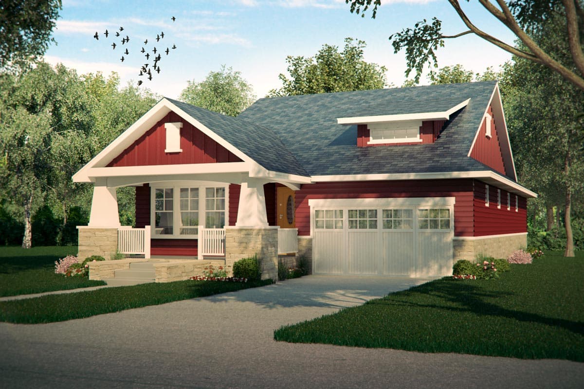 Craftsman house plan exterior with a gabled front porch, stone accents, and a two-car garage.