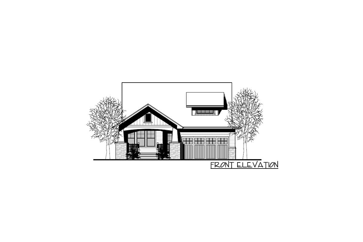Front elevation drawing of a single-story Craftsman house with a covered front porch, gabled roof, and attached three-car garage.
