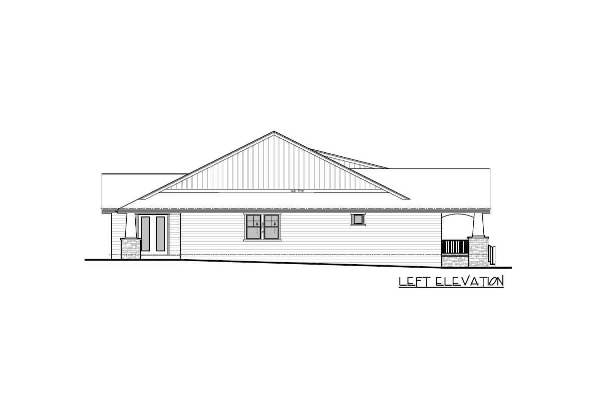Left elevation drawing of a house plan showing a prominent gable roofline, double doors, two windows, and a covered porch with stone supports.