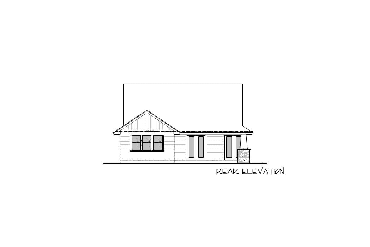 Rear elevation drawing of a one-story house plan with gabled dormer, multiple windows, double doors, and covered porch.
