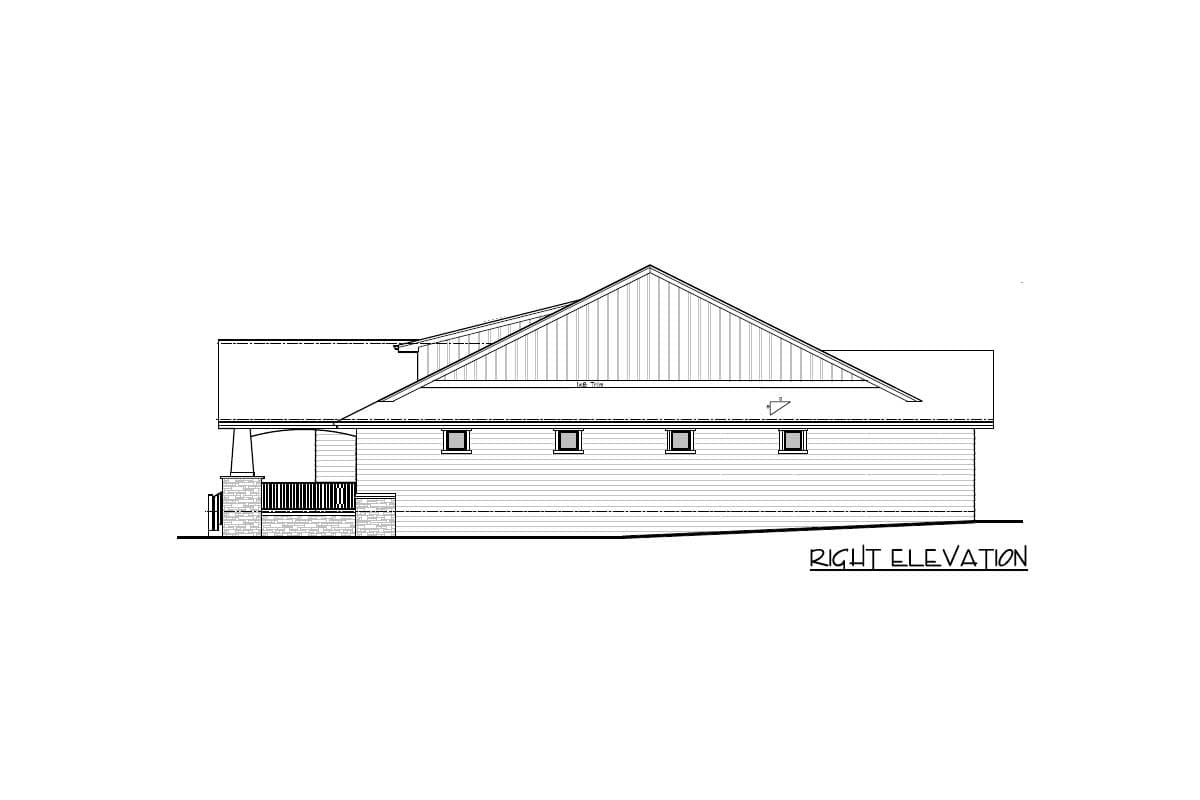 Right elevation drawing of a house plan featuring a gable roof, a covered porch with stone columns, and horizontal siding.