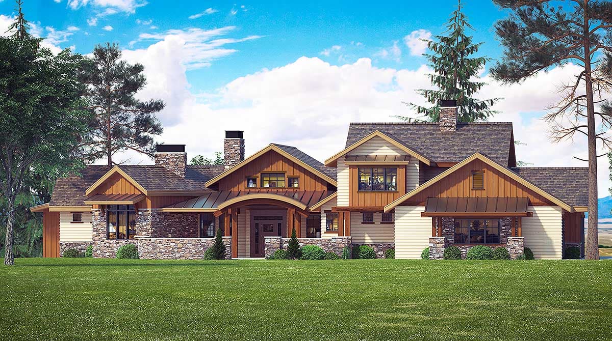 House plan exterior: Modern Farmhouse style, multiple gables, stone accents, arched entry, and covered porch.