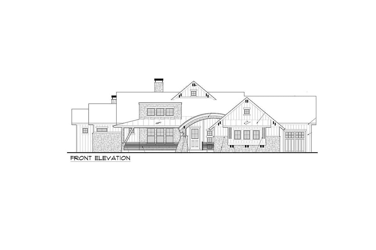 Front elevation drawing of a multi-story house with stone accents, gables, dormers, covered porch, and attached garage.