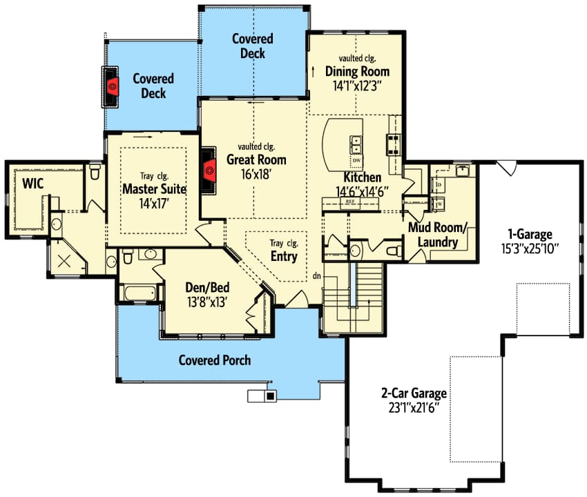 Plan 95021RW: Exciting Good Looks - Floor Plan - Main Level - Craftsman, Mountain, Rustic