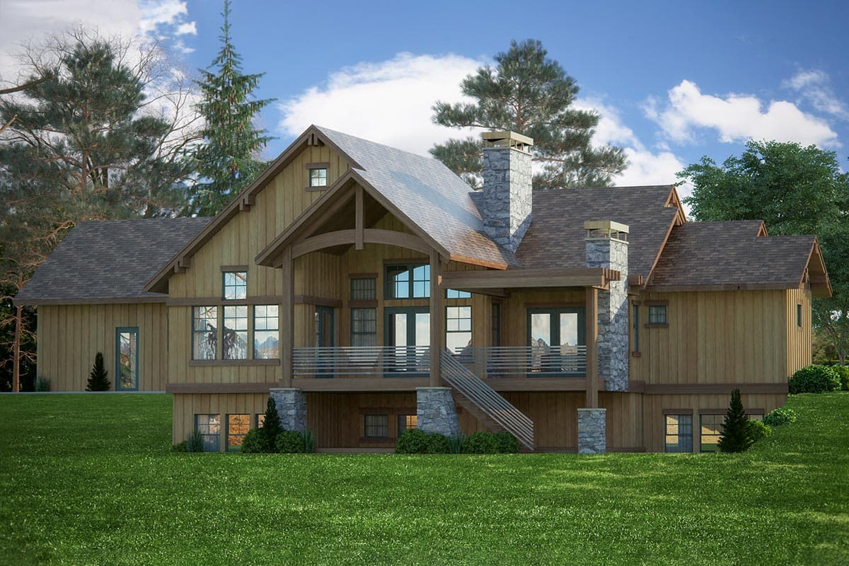 House plan exterior with wood siding, gabled rooflines, stone chimney, and covered deck with stairs.